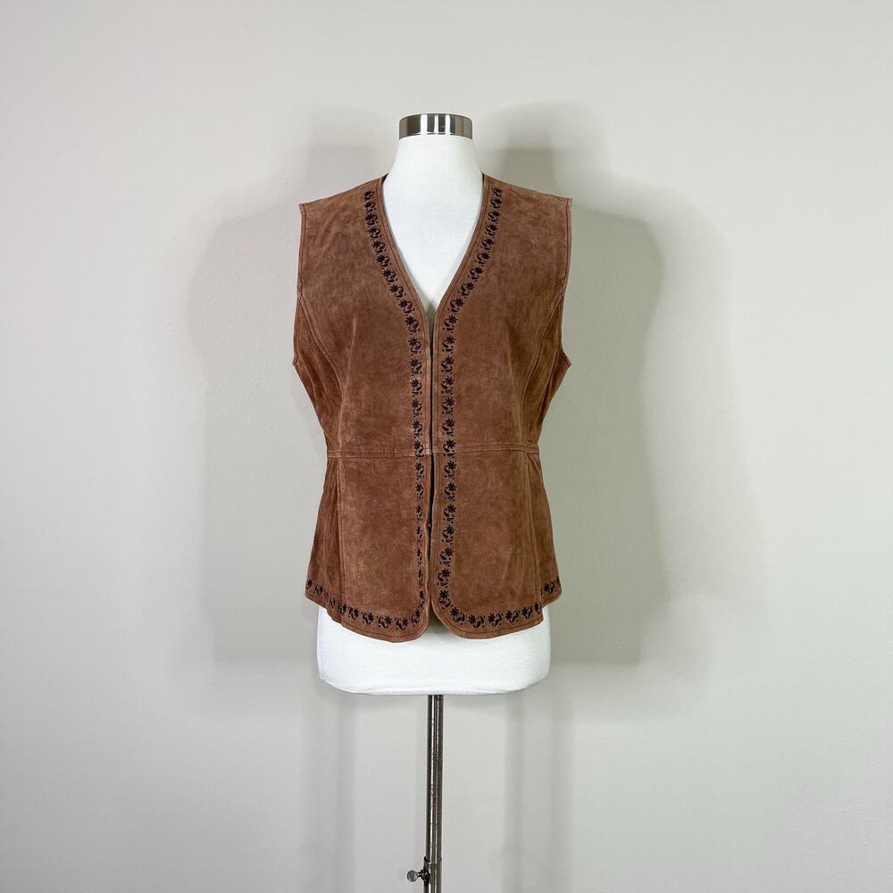 Vintage | Outbrook Suede Brown Leather Embroidered Western Boho Vest Large L - Picture 2 of 10